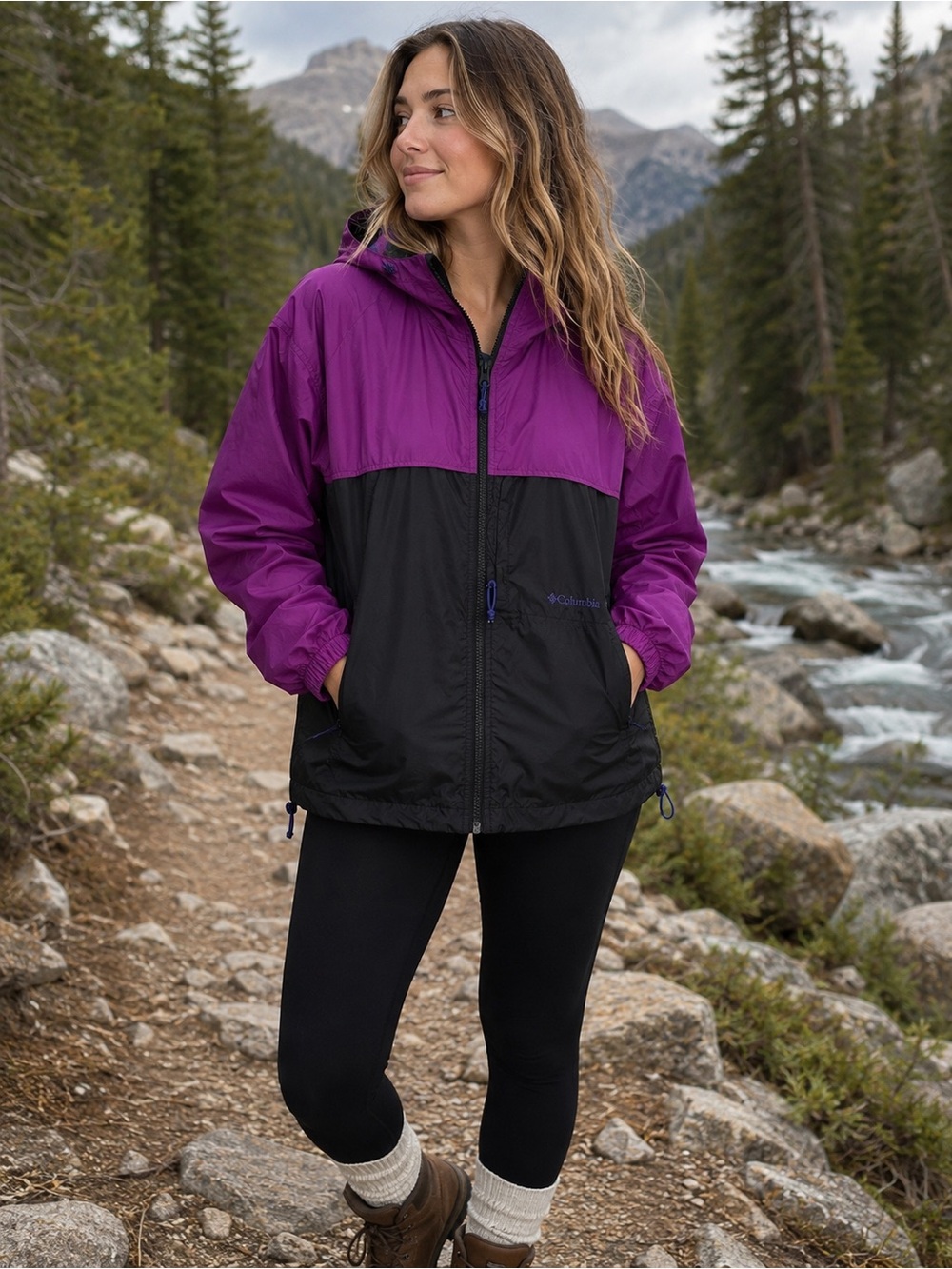 Columbia Vintage Windbreaker Jacket Small Purple Black Hooded Outdoor Hiking